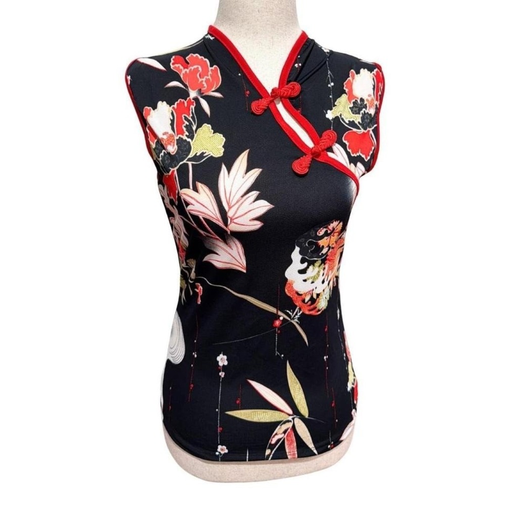 Y2K 2000s Oriental inspired black red floral top
